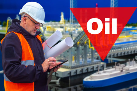Oilman with drawings in hand. Oil logo inside the red arrow. Lower hydrocarbon prices. Concept -...