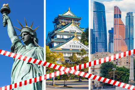 Quarantine tape next to photos from different countries. Concept - travel is quarantined. Ban on...