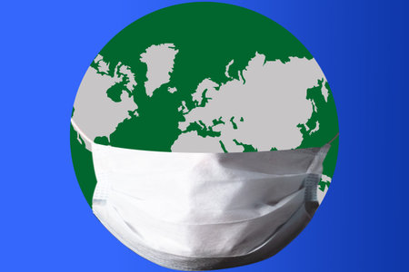 Planet in a medical mask. Concept - epidemic in world. Planet earth on a blue background. Medical...