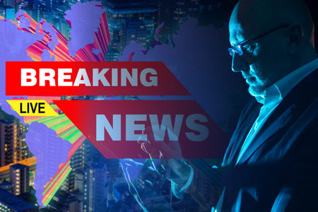 Man reads urgent news. Concept - businessman is studying world news. Investor monitors situation in...