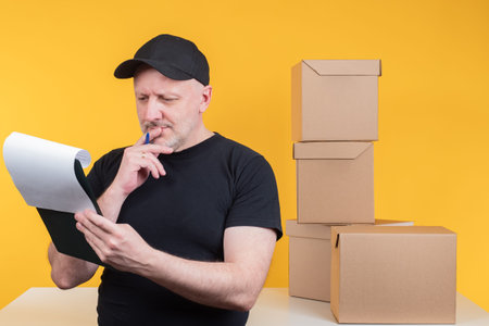 Man next to boxes. Cardboard boxes next to a businessman. Concept - his own business. Small...