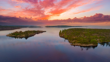 Ladoga lake. Landscape of Karelia. Nature of Russia. Skers of Ladoga Lake. Sunrise in Karelia. Lake...