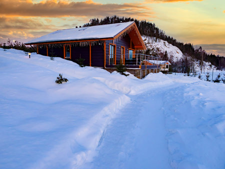 One-storey hotel. Country hotelat background of dawn. Winter landscape with a wooden house....