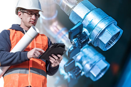 Engineer works on water supply system. Man in an orange vest next to the pipes. Concept - work with...