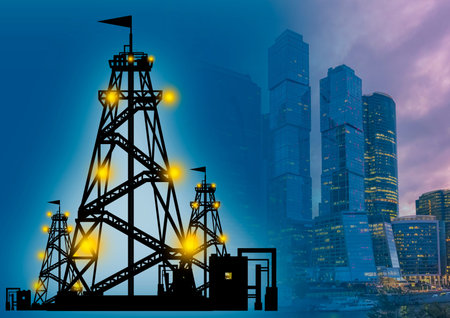 Oil producing corporations. Silhouette of a rig next to skyscrapers. Oil rig near high-rise...