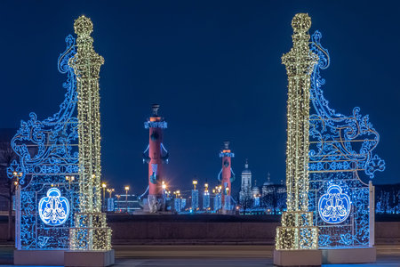 Saint Petersburg christmas. Russia winter. Rostral columns in the night St. Petersburg. Christmas...