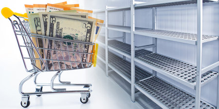 Empty shelves in the store. Deficiency in food products. The cart from the supermarket is filled...
