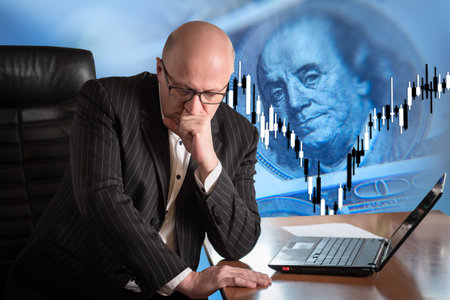Investor is saddened by growth of stocks. Concept - investor missed moment to buy. Man next to a...