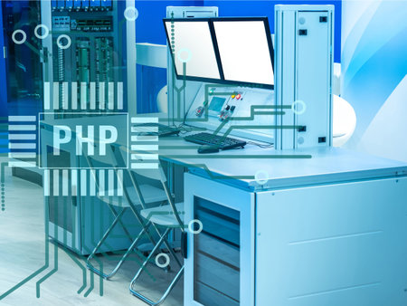 Personal Home Page. PHP inscription next to the monitor. Concept - place a PHP programmer. Workplace...