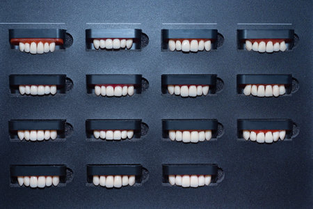 Various dentures in a black case. Background with various dentures. Background on the theme of...