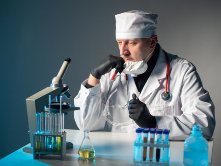 Serious male doctor in the lab. The doctor thinks about his patients. The man in the white coat reflects. The doctor removed his mask and goggles. Medic at the table with a microscope and test tubes.の写真素材
