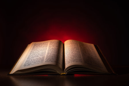 Open Bible on the table. Christian sermon. The Bible is on the Protestant's Desk. Reading The Word Of God. Study of religious literature. Prayer to God. Appeal to God.の写真素材