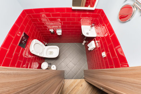 Restroom interior with red walls. Compact restroom top view. Toilet bowl and small sink. Concept -...