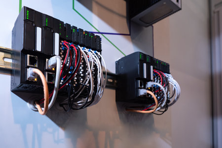 Electronic controller with wires close-up. Control system equipment. Wires are connected to the controller. Control system for load balancing equipment. Concept - automation of production equipment.の写真素材