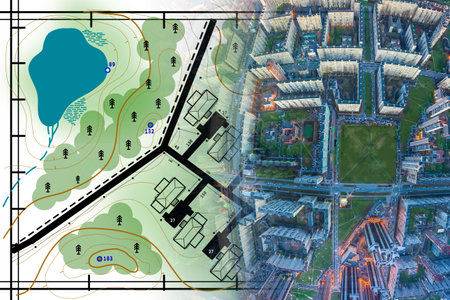 Urban planning. Designing residential areas. Area with many high-rise buildings top view. Terrain...