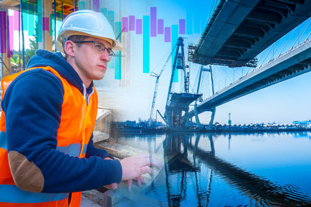 Construction of bridges. Engineer next to a bridge under construction. Architect represents the...