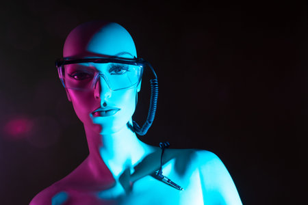 Cyborg woman on a dark background. Robot. Humanoid cyborg woman. Wire comes from robot glasses....