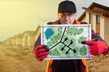 Builder shows on a topographic plan. Concept - urbanism. Builder next to small cottages. Urbanist...