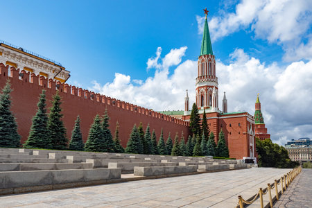 Moscow. Russia. Kremlin. Tribune on Red Square. Walls of the Kremlin. Moscow on the background of...