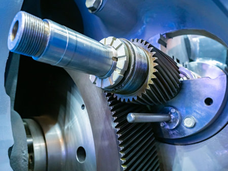 Metal part. Gears in a car engine. Concept - creation of parts for production machines. Mechanical...