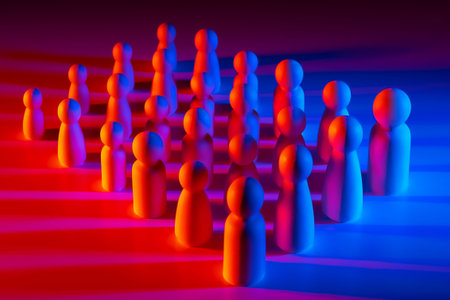 White men as a symbol of human resources. Business concept - human resource management. Blue and red as a symbol of employee separation.の写真素材