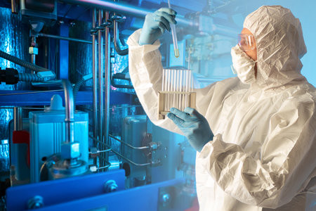 Chemist technologist in production. Concept - chemist takes samples at hazardous production. Pipes in background as a symbol of chemical industry. Man in a chemical protection suit with test tubes.の写真素材