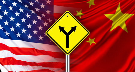 Road sign shows forking. Flags of USA and China are nearby. Concept - need to choose between USA and...