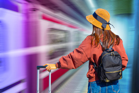 Woman is waiting for a train in the subway. Concept - the traveler is waiting for the train. Wagons passing by a girl. Concept - waiting for the start of railway traffic. Traveling by rail.の写真素材