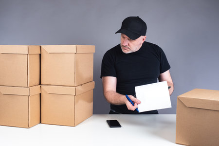 Small business. Entrepreneur next to many boxes. Man examines cardboard boxes. Man opened his online business. Businessman is preparing goods for dispatch. Courier takes the order from warehouseの写真素材