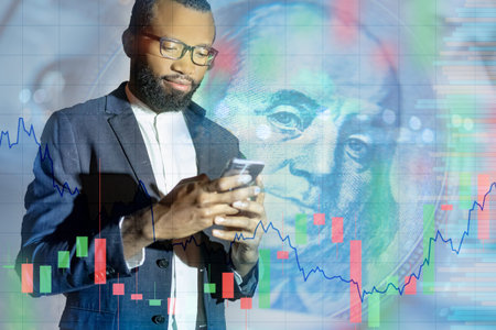 Application for the investor. Man with a phone in his hands. African American. Growing graph next to...