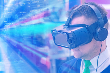 Man in VR glasses for a smartphone. Concept - virtual travel. Traveling with virtual reality...