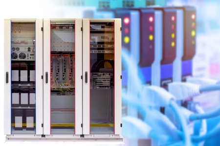 Network hardware. Server cabinet Concept - work as a system administrator. Fiber optic cables...
