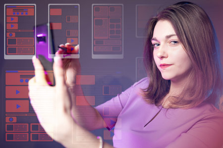 UX mobile app designer. Woman with telephone. Sketches of mobile applications next to girl. Imposer....