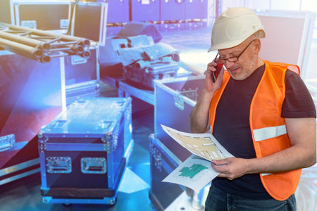 Human in a building uniform. Engineer next to musical equipment. Concept - installation of sound...