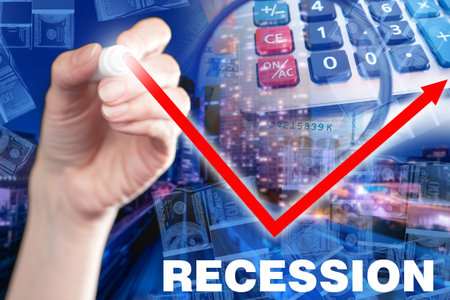 Recession in economy. Inscription recession next to symbols of financial market. Calculator and money as a symbol of economy. Recession logo next to chart. Fall turned into growth. Economic forecastの写真素材