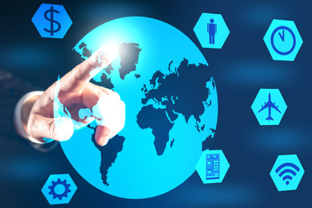 Logistic software. Human hand next to silhouette of planet. Concept - sale of logistics software....