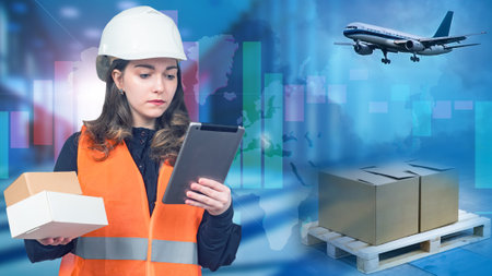 Logistic company. Girl works in logistics business. Woman in orange vest and hard hat. Tracks cargo on Internet. Woman is sending cargo through plane. Air freight cargo. Graph shows rise in pricesの写真素材