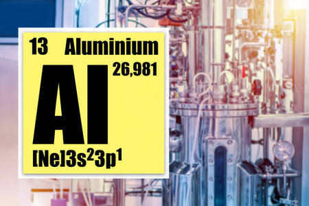 Aluminum in the periodic table. Use of aluminum in industry. Concept - use of AI element. Logo of aluminum in the cell. Experiences in interaction with AI. Study Periodic Table.の写真素材