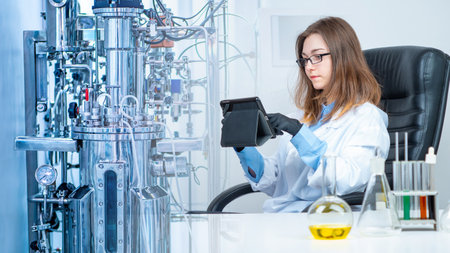 Bioreactor close-up. Concept - synthesis of pharmaceuticals. Girl next to the bioreactor. Young laboratory assistant at the workplace. Concept - sale of laboratory equipment. Woman with a tablet.の写真素材