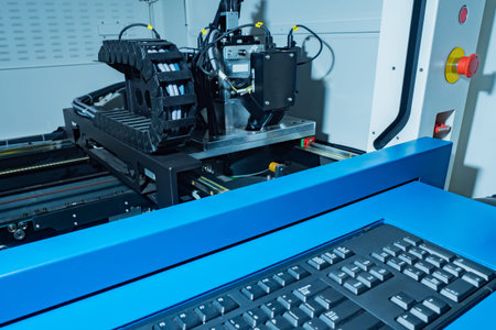 Robotic manufacturing. CNC machine is behind the glass. Keyboard for equipment control. Concept is a...