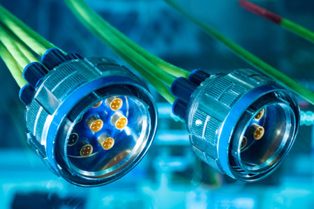 Multi-coaxial cable assembly. Power connector close-up. Power cable connections. Eight pin Socapex...