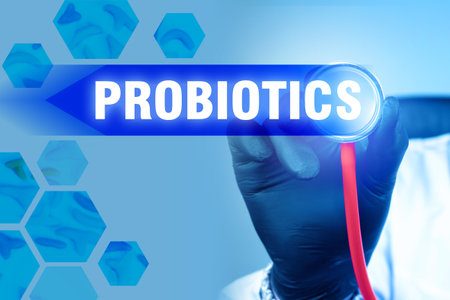 Probiotics are bacteria for health. Inscription probiotics next to stethoscope. Doctor holds stethoscope near camera. Probiotics for cleaning bronchi and lungs. Human bronchial health. Lung treatmentの写真素材