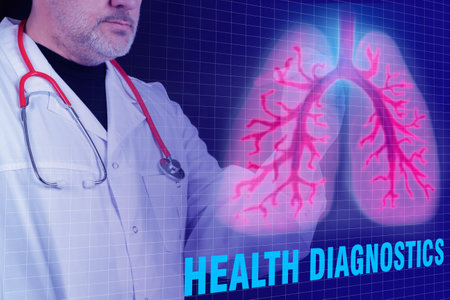Diagnosis of lung health. Human lungs are depicted on a virtual screen. Doctor examines a patient lung image. Diagnosis of human organism. Diseases of the respiratory system. Human respiratory organ.の写真素材