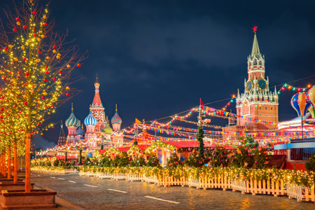 Red Square in Moscow. Christmas decorations in Russia. New Year's decorations in front of Kremlin. Landscape of Christmas Moscow. Panorama of Red Square in winter night. Basil's Sabor in Russia.の写真素材