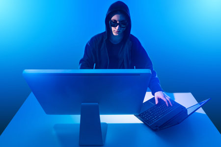 Hacker computer. Computer and laptop in front of a hacker. Guy in hood is working with a laptop....