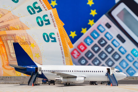Air transportation. Concept - airlines ask for financial assistance. Airplane on the background of euro bills. Concept - airlines of the European Union. Financial losses of air corporations. Priceの写真素材