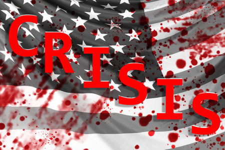 Bloodshed in USA. Inscription crisis on the background of poisoned flag of America. Concept - clash with police in United States. Protests in USA. American protests lead to bloodshed. Bloodの写真素材