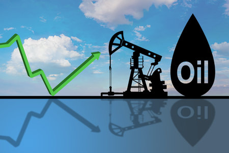 Price of oil. Graph shows an increase in cost of petroleum. Price of oil is increasing dramatically. Logo oil near petroleum rig. Production and processing of petroleum products. Change in priceの写真素材
