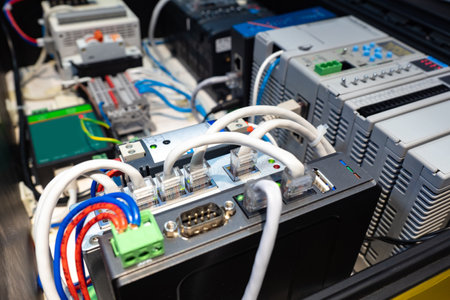 Network equipment close-up. The network cables are connected to the equipment. Concept - setting up network equipment. Server facilities close-up. Setting up a local connections.の写真素材