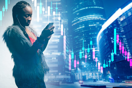 Woman is browsing charts on phone. Concept - girl is viewing a rating on a mobile. Concept - graph...